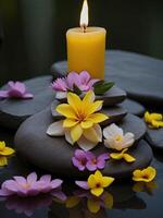 Spa Behandlung Aromatherapie mit Kerzen, Steine und Blumen zum entspannen Wellness foto
