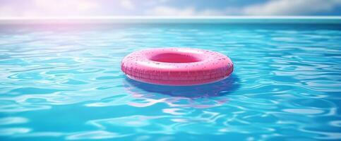 Rosa Schwimmen Schwimmbad Ring schweben auf Blau Wasser. Sommer- Hintergrund. generativ ai foto