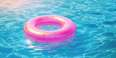 Rosa Schwimmen Schwimmbad Ring schweben auf Blau Wasser. Sommer- Hintergrund. generativ ai foto