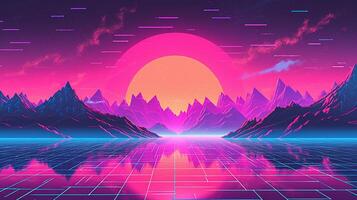 generativ ai, 80er Jahre retro futuristisch Science-Fiction, nostalgisch 90er. Nacht und Sonnenuntergang Neon- Farben, Cyberpunk Jahrgang Illustration. Sonne, Berge und Palmen. Retrowave vj Videospiel Landschaft. foto