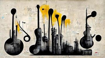 generativ ai, abstrakt Straße Kunst mit Schlüssel und Musical Instrumente Silhouetten. Tinte bunt Graffiti Kunst auf ein texturiert Papier Jahrgang Hintergrund, inspiriert durch Banken. foto