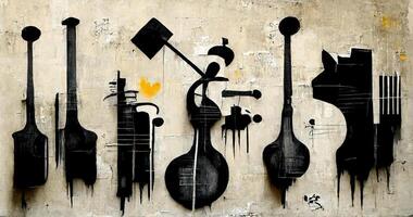 generativ ai, abstrakt Straße Kunst mit Schlüssel und Musical Instrumente Silhouetten. Tinte bunt Graffiti Kunst auf ein texturiert Papier Jahrgang Hintergrund, inspiriert durch Banken. foto