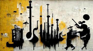 generativ ai, abstrakt Straße Kunst mit Schlüssel und Musical Instrumente Silhouetten. Tinte bunt Graffiti Kunst auf ein texturiert Papier Jahrgang Hintergrund, inspiriert durch Banken. foto