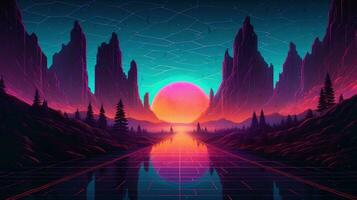 generativ ai, 80er Jahre retro futuristisch Science-Fiction, nostalgisch 90er. Nacht und Sonnenuntergang Neon- Farben, Cyberpunk Jahrgang Illustration. Sonne, Berge und Palmen. Retrowave vj Videospiel Landschaft. foto