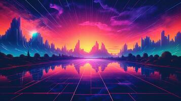 generativ ai, 80er Jahre retro futuristisch Science-Fiction, nostalgisch 90er. Nacht und Sonnenuntergang Neon- Farben, Cyberpunk Jahrgang Illustration. Sonne, Berge und Palmen. Retrowave vj Videospiel Landschaft. foto