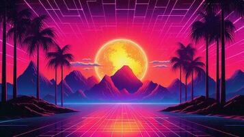 generativ ai, 80er Jahre retro futuristisch Science-Fiction, nostalgisch 90er. Nacht und Sonnenuntergang Neon- Farben, Cyberpunk Jahrgang Illustration. Sonne, Berge und Palmen. Retrowave vj Videospiel Landschaft. foto