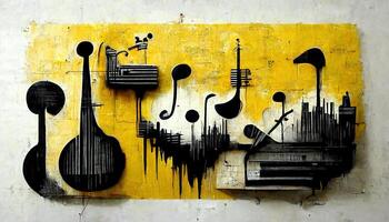 generativ ai, abstrakt Straße Kunst mit Schlüssel und Musical Instrumente Silhouetten. Tinte bunt Graffiti Kunst auf ein texturiert Papier Jahrgang Hintergrund, inspiriert durch Banken. foto