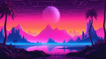 generativ ai, 80er Jahre retro futuristisch Science-Fiction, nostalgisch 90er. Nacht und Sonnenuntergang Neon- Farben, Cyberpunk Jahrgang Illustration. Sonne, Berge und Palmen. Retrowave vj Videospiel Landschaft. foto