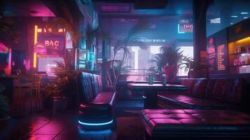 generativ ai, Cyberpunk Stil Bar oder Cafe. Nacht Szene von groß Stadt, futuristisch nostalgisch 80er, 90er. Neon- Beleuchtung beschwingt Farben, fotorealistisch horizontal Illustration. foto