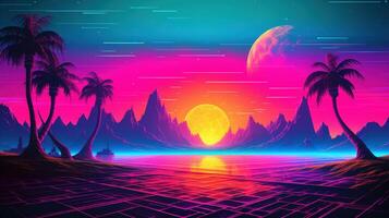 generativ ai, 80er Jahre retro futuristisch Science-Fiction, nostalgisch 90er. Nacht und Sonnenuntergang Neon- Farben, Cyberpunk Jahrgang Illustration. Sonne, Berge und Palmen. Retrowave vj Videospiel Landschaft. foto