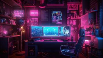 generativ ai, Computer auf das Tabelle im Cyberpunk Stil, nostalgisch 80er, 90er. Neon- Nacht Beleuchtung beschwingt Farben, fotorealistisch horizontal Illustration von das futuristisch Innere. Technologie Konzept. foto