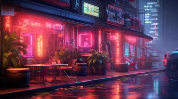 generativ ai, Cyberpunk Stil Bar oder Cafe. Nacht Szene von groß Stadt, futuristisch nostalgisch 80er, 90er. Neon- Beleuchtung beschwingt Farben, fotorealistisch horizontal Illustration. foto