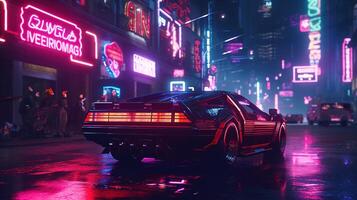 generativ ai, Nacht Szene von groß Stadt im Cyberpunk Stil, futuristisch nostalgisch 80er, 90er. Neon- Beleuchtung beschwingt Farben, fotorealistisch horizontal Illustration. foto