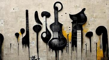 generativ ai, abstrakt Straße Kunst mit Schlüssel und Musical Instrumente Silhouetten. Tinte bunt Graffiti Kunst auf ein texturiert Papier Jahrgang Hintergrund, inspiriert durch Banken foto