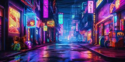generativ ai, Nacht Szene von groß Stadt im Cyberpunk Stil, futuristisch nostalgisch 80er, 90er. Neon- Beleuchtung beschwingt Farben, fotorealistisch horizontal Illustration. foto