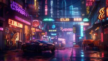 generativ ai, Nacht Szene von groß Stadt im Cyberpunk Stil, futuristisch nostalgisch 80er, 90er. Neon- Beleuchtung beschwingt Farben, fotorealistisch horizontal Illustration. foto