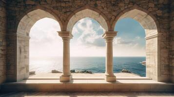 generativ ai, historisch mittelalterlich Stein Bogen Fenster mit romantisch Aussicht von Meer oder Ozean, Sommer- Landschaft Hintergrund. foto