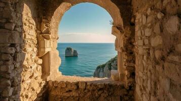 generativ ai, historisch mittelalterlich Stein Bogen Fenster mit romantisch Aussicht von Meer oder Ozean, Sommer- Landschaft Hintergrund. foto