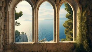 generativ ai, historisch mittelalterlich Stein Bogen Fenster mit romantisch Aussicht von Meer oder Ozean, Sommer- Landschaft Hintergrund. foto