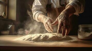generativ ai, Hände von Bäcker im Restaurant oder Zuhause Küche, bereitet vor ökologisch natürlich Gebäck oder Brot foto