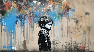 generativ ai, Tinte schwarz Straße Graffiti Kunst mit Kind auf ein texturiert Papier Jahrgang Hintergrund, inspiriert durch Banken. foto