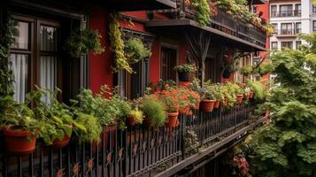 generativ ai, schön Balkon umgeben durch ein tropisch Stil Garten, Blühen Blumen und Grün Pflanzen foto