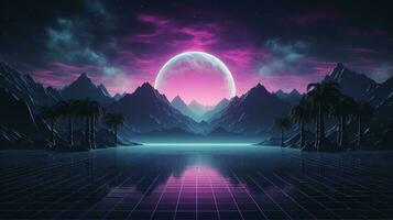 generativ ai, 80er Jahre retro futuristisch Science-Fiction, nostalgisch 90er. Nacht und Sonnenuntergang Neon- Farben, Cyberpunk Jahrgang Illustration. Sonne, Berge und Palmen. Retrowave vj Videospiel Landschaft. foto