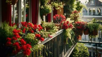 generativ ai, schön Balkon umgeben durch ein tropisch Stil Garten, Blühen Blumen und Grün Pflanzen foto