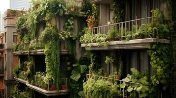 generativ ai, schön Balkon umgeben durch ein tropisch Stil Garten, Blühen Blumen und Grün Pflanzen foto