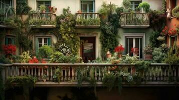 generativ ai, schön Balkon umgeben durch ein tropisch Stil Garten, Blühen Blumen und Grün Pflanzen foto