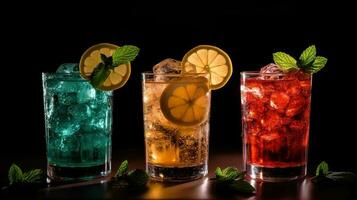 generativ ai, drei anders hell Cocktails Brille auf das Bar dunkel Hintergrund. foto