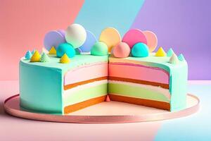 bunt Geburtstag Kuchen auf Pastell- Hintergrund generativ ai foto