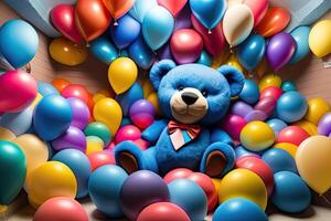 multi farbig Luftballons und Blau Teddy Bär Spielzeug generativ ai foto