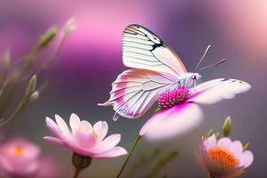 Rosa Schmetterling auf romantisch Natur Blumen- Hintergrund generativ ai foto