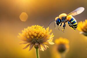 fliegend Honig Biene und Blume auf verschwommen Hintergrund generativ ai foto