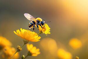 fliegend Honig Biene und Blume auf verschwommen Hintergrund generativ ai foto