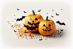 Halloween Urlaub Hintergrund Dekoration, Weiß Hintergrund Kürbis und Fledermäuse eben legen. generativ ai foto