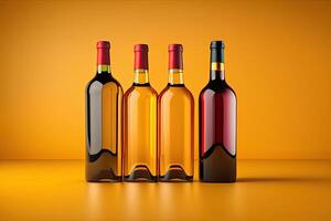Wein Flaschen auf Gelb Hintergrund generativ ai foto