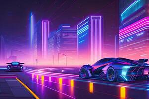 Neon- Zukunft lila Stadt generativ ai. futuristisch Cyberpunk violett Design foto