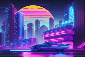Neon- Zukunft lila Stadt generativ ai. futuristisch Cyberpunk violett Design foto