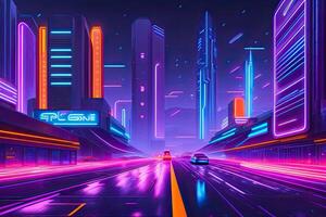 Neon- Zukunft lila Stadt generativ ai. futuristisch Cyberpunk violett Design foto