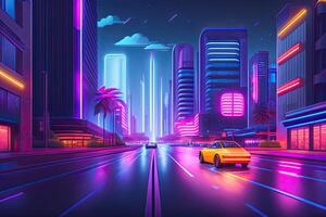 Neon- Zukunft lila Stadt generativ ai. futuristisch Cyberpunk violett Design foto