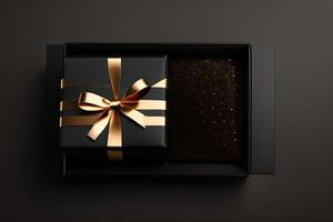 oben Aussicht von Geschenk Box im schwarz Verpackung generativ ai foto