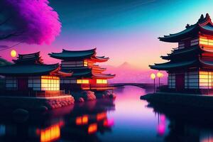 Synthwave japanisch Design Gebäude Hintergrund foto