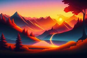schön Sonnenuntergang Landschaft mit Berge Natur Hintergrund foto