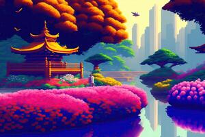 japanisch Kunst Pixel Stadt Landschaft foto