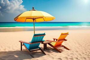 Stühle mit Regenschirm auf Strand generativ ai foto