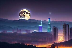 Stadt beim Nacht mit voll Mond generativ ai foto