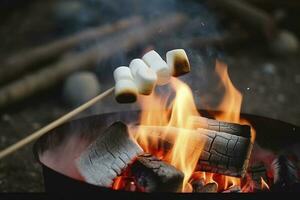 Verbrennung Feuer im ein kompakt Grill, Holz Protokolle verschlungen im rot Flammen, Nahansicht von braten Marshmallows auf Feuer, Rauch erhebt sich, Konzept von Spaß Party, Kochen Delikatesse draußen, generieren ai foto