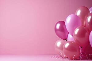Luftballons auf Rosa Hintergrund mit kostenlos Raum zum Text. Geburtstag Feier, Hochzeit oder Baby Dusche Dekor. minimal kreativ Idee zum Party und Feier, Gruß Karte. ai generiert foto
